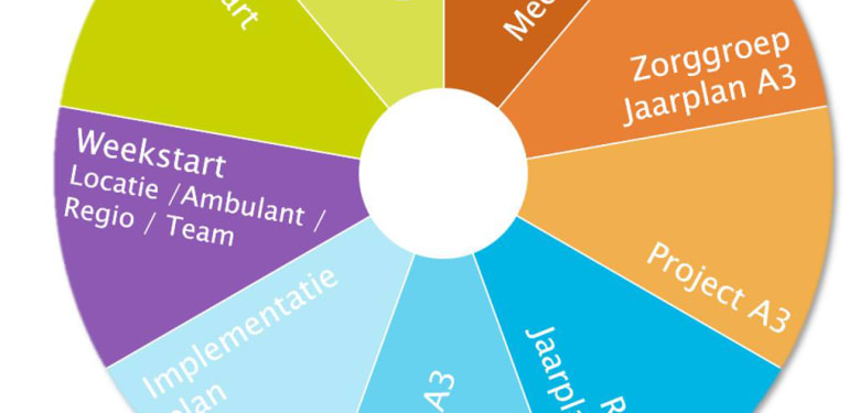 Cirkel onderverdeeld in segmenten: Zorggroep Meerjarenplan - Zorggroep Jaarplan A3 - Project A3 - Regio Jaarplan A3 - Lokaal Jaarplan A3 - Implementatieplan - Weekstart (Locatie / Ambulant / Regio / Team) - Dagstart - Deel je leven