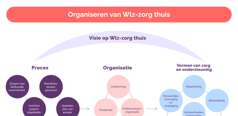 Visie op Wlz-zorg thuis is overkoepelend aan het organiseren van Wlz-zorg thuis. Onder Proces vallen Zorgen voor bestuurlijk commitment, Inrichten projectorganisatie, Betrekken sleutelpersonen en Opstellen plan van aanpak. Onder Organisatie vallen Leiderschap, Doelgroep, Positioneren in de organisatie en Teamsamenstelling. Onder Vormen van zorg en ondersteuning vallen Persoonlijke verzorging en verpleging, Begeleiding, Schoonhouden van de woonruimte, Verstrekken van eten en drinken, Behandeling, Vervoer, Wasvoorziening, Logeerzorg, 24-uurs toezicht of zorg in nabijheid.