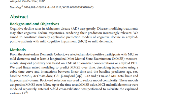 Screenshot van het artikel 'Predicting Cognitive Decline in Amyloid-Positive Patients With Mild Cognitive Impairment or Mild Dementia'