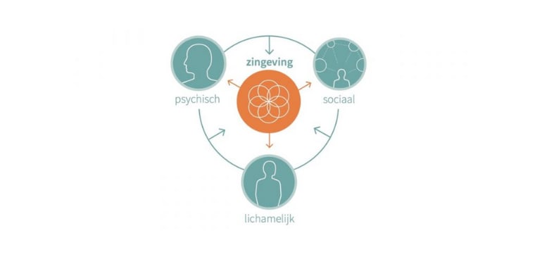De afbeelding geeft inzicht in hoe zingeving ook het lichamelijk, psychisch en sociaal welbevinden bevordert. 