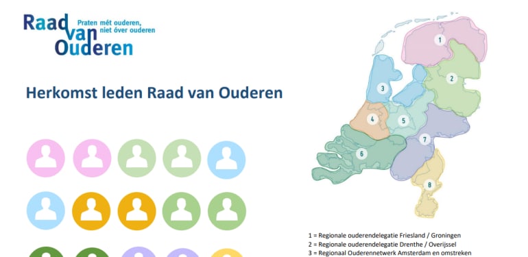 In deze infographic staat de herkomst van leden van de Raad van Ouderen. Van welke regionale ouderendelegatie de leden afkomstig zijn.