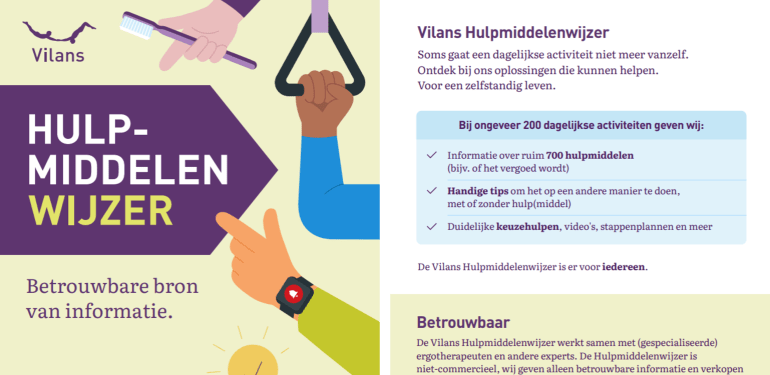 Een afbeelding van de twee kanten van de gratis Vilans Hulpmiddelenwijzer flyer
