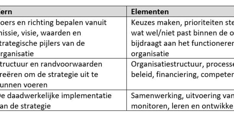 Richten

Koers en richting bepalen vanuit missie, visie, waarden en strategische pijlers van de organisatie

Keuzes maken, prioriteiten stellen, bepalen wat wel/niet past binnen de organisatie en bijdraagt aan het functioneren van de organisatie

Inrichten

Structuur en randvoorwaarden creëren om de strategie uit te kunnen voeren

Organisatiestructuur, processen, systemen, beleid, financiering, competenties

Verrichten

De daadwerkelijke implementatie van de strategie

Samenwerking, uitvoering van projecten, monitoren, leren en ontwikkelen