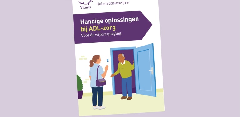 Voorbeeld plaatje van de flyer van de Vilans Hulpmiddelenwijzer voor de wijkverpleging, met tekst en afbeeldingen