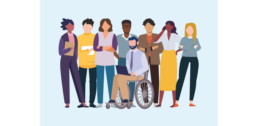 Een tekening van acht verschillende persona's die nodig zijn om technologie te borgen