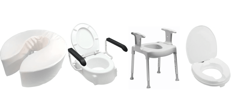 Zachte toiletverhoger, toiletverhoger met armleuningen, een verhoger die u over het toilet zet en een kleine toiletverhoger met bril. 