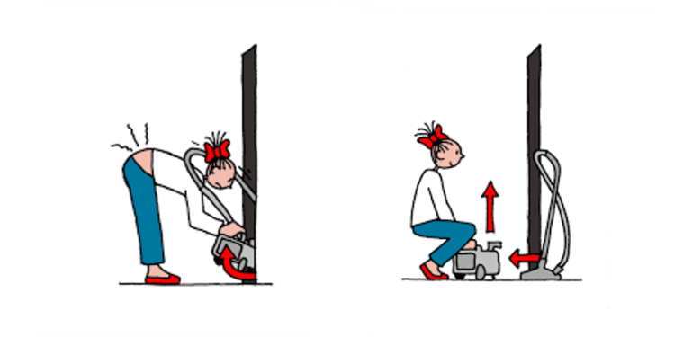 Het eerste figuurtje belast haar rug met het verkeerd tillen van de stofzuiger. Het tweede figuurtje laat zien hoe je een stofzuiger wel goed tilt. Door door je benen te gaan en de rug recht te houden.