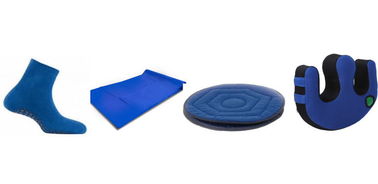 Antislip-sok, glijzeil, draaischijf en een omdraaikussen opblaasbaar.