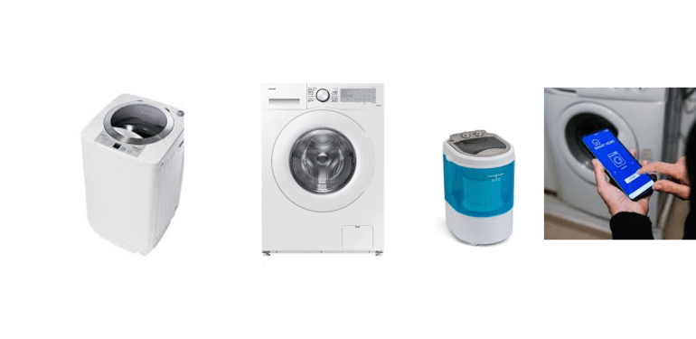 Bovenlader wasmachine, een voorlader, een kleine wasmachine en een wasmachine die met een app en een smartphone bedient kan worden.