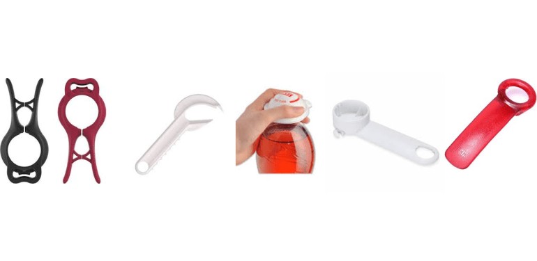 Twee in een opener, drinkpak opener, siliconen hoesje voor meer grip op de dop en twee soorten Brix turnkey openers. 
