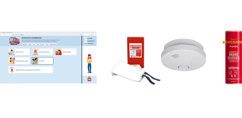Een afbeelding van de website van brandweer.steffie.nl, een blusdeken, rookmelder en een blusapparaat voor thuis.