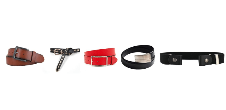 Stevige bruin lederen riem, een riem met heel veel gaatjes, een rode riem met grote gesp, een riem van een klep-gesp en een elastische riem zonder gesp.