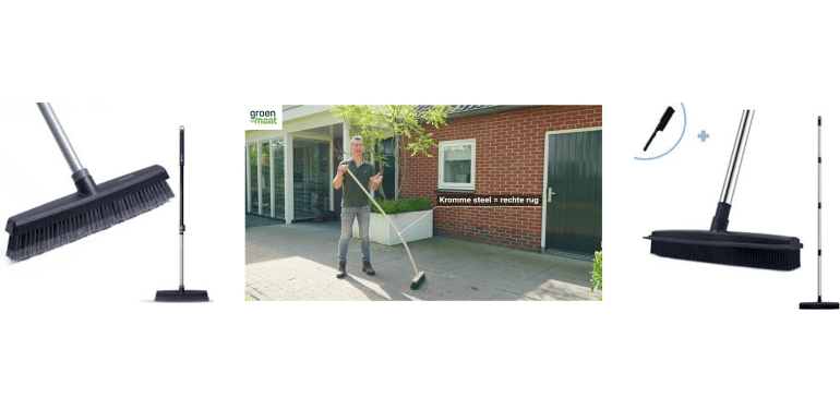 Bezem met een zachter borstel, een bezem met een gekromde steel en een rubberen borstel of kappersborstel