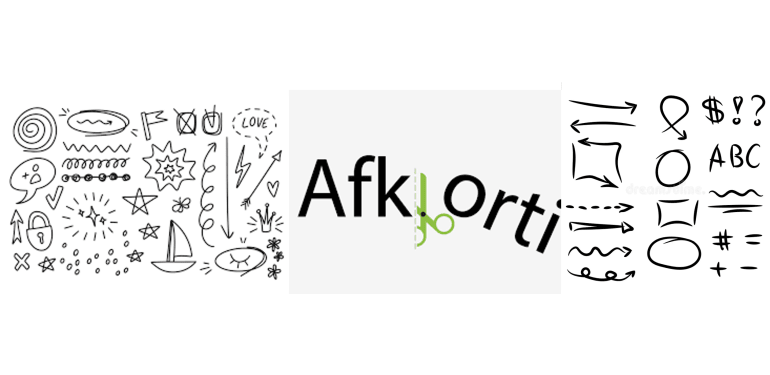 Krabbels van herkenbare tekeningen en symbolen, het woord afkorting wat doorgeknipt wordt en diverse pijlen en figuren die belang aangeven.
