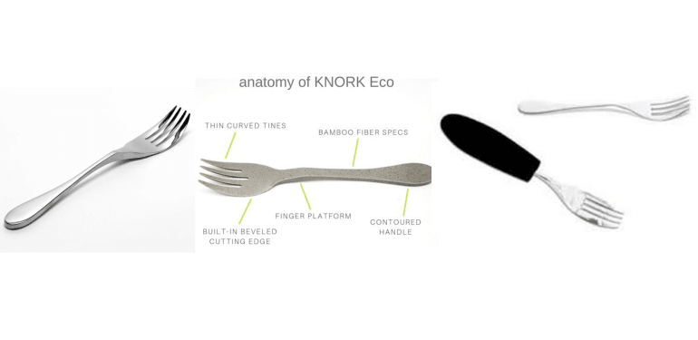 Een knork is een vork die ook gebruikt kan worden als mes. Ook de knork kunt u voorzien van een extra handgreep. 