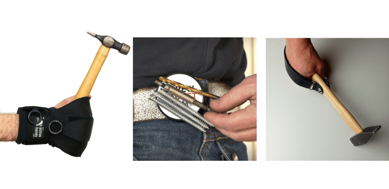 Active hands voor meer kracht, een magnetische gordels voor spijkers en een zelfgemaakte band om de hamer aan de hand vast te zetten. 