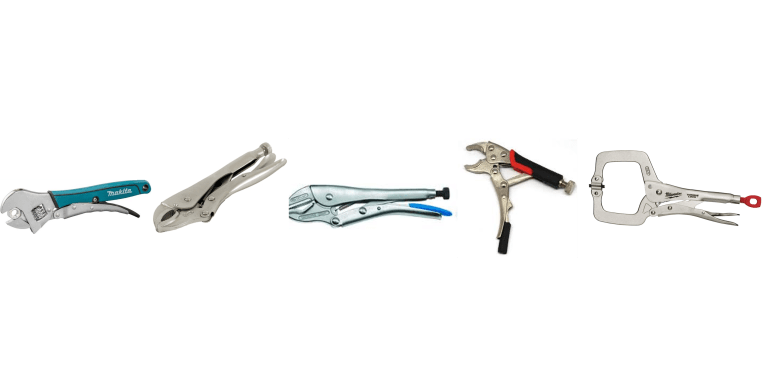Diverse griptangen: met een ronde bek, een langwerpige bek en met een c-klem.