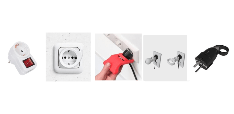 Stekkeradapter met schakelaar, stopcontact met uitwerpsysteem, stekkerhulp.nl, Assit3D en stekker met een ring.