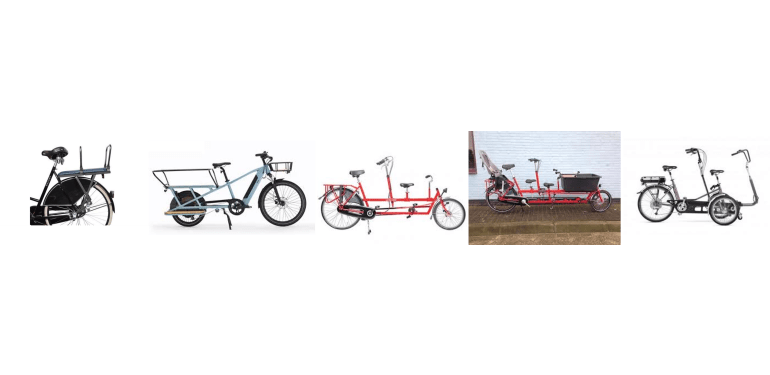 Duozitje achterop een gewone stadsfiets, Elektrische cargofiets Longtail, 2x onderwaterfiets met en zonder zitjes en een Huko copilot