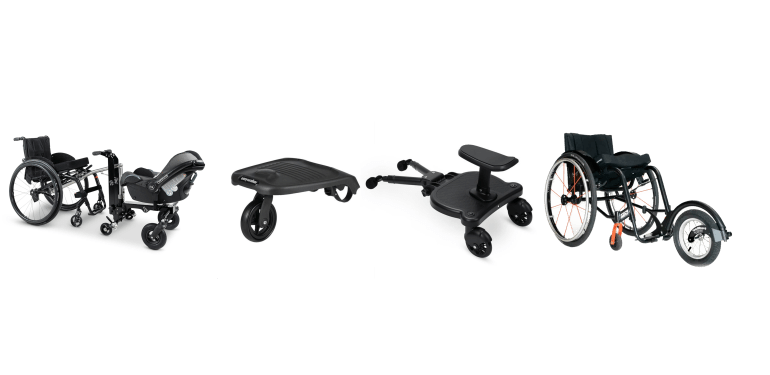 Connect offroad family van Roam, Easywalker - Easyboard en een universeel meerijplankje en TNS Freewheel.