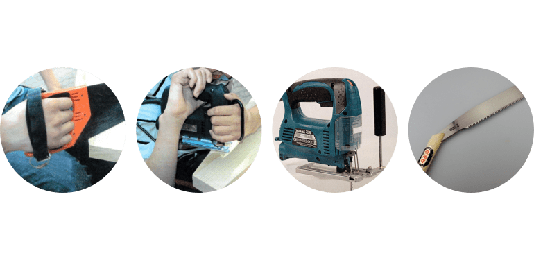 Aangepaste handzaag met klittenband, een decoupeerzaag met een beugel voor om de hand, een decoupeerzaag met een extra handvat voor meer houvast en een voorbeeld van een Japanse trekzaag.