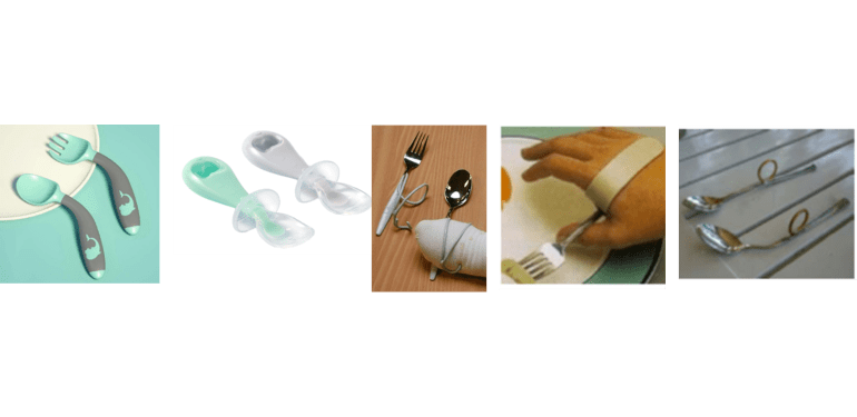 Gehoekt bestek, bestek met een plastic beschermkap, bestek voor op een stomp na amputatie, bestek op maat gemaakt met een handbeugel en met een ring bij moeite met vasthouden.