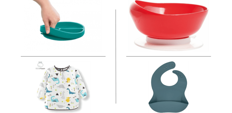 Aangepaste borden met zuignappen, een kinderschort en een slabber met opvangbak.