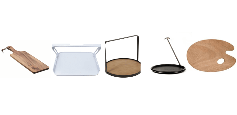 Een serveerplank. Drie soorten eenhandige dienbladen van plastic, bamboe en ijzer. Schilderpalet.