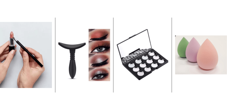 Twee handen die een lippenkwastje tegen een lippenstift zetten. Ook oogschaduwstempel met resultaten op het oog. Een magnetische oogschaduwdoos. Drie beauty blenders of make-upsponsjes