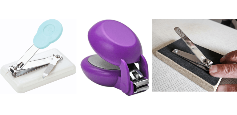 Ability nagelknipper op blok, Harac of japanse nagelknipper en een zelfgemaakte nagelknipper op blok met schuurpapier tegen trillen van August Claeys.