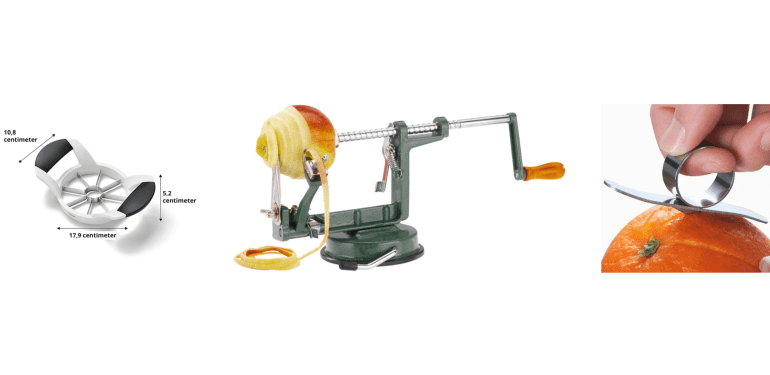 Een appelsnijder, een appelschilmachine en een sinaasappelschiller