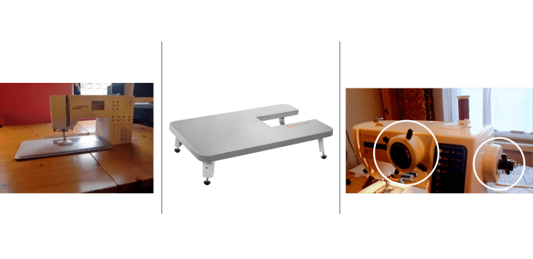 3 afbeeldingen. Van een verzonken naaimachine, een aanschuiftafel en aanpassingen van de naaimachine.