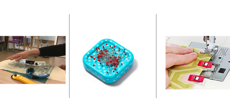 Een fixeerder, kopspelden op een magnetisch speldenkussen en alternatief voor spelden: knijpertjes.