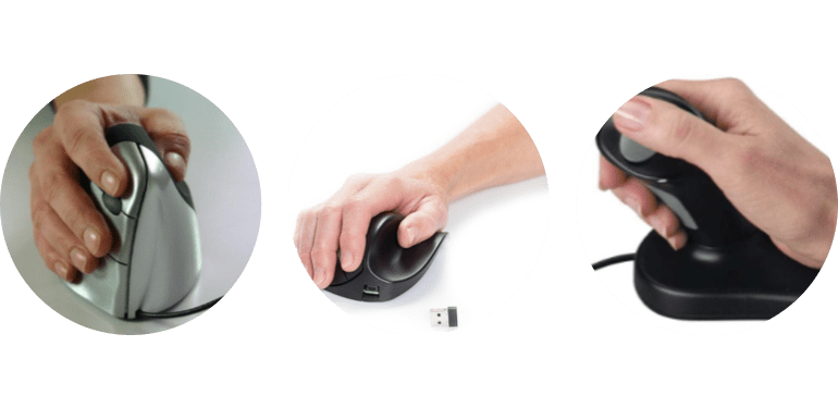 Drie foto's van computermuizen, waar de hele hand op rust en ook de onderarm ontspannen ligt en met de hand in de middenpositie.