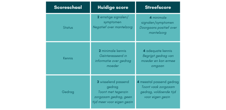 Deze tabel laat een voorbeeld van een scoreschaal zien. Deze bestaat uit 3 rijen en 3 kolommen. 